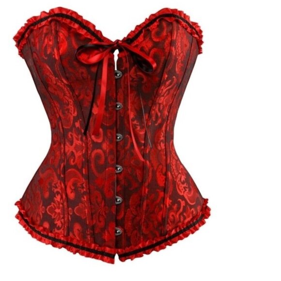 Women's Lace Up Boned Overbust Corset Body shaper top Red an Black - Picture 1 of 5